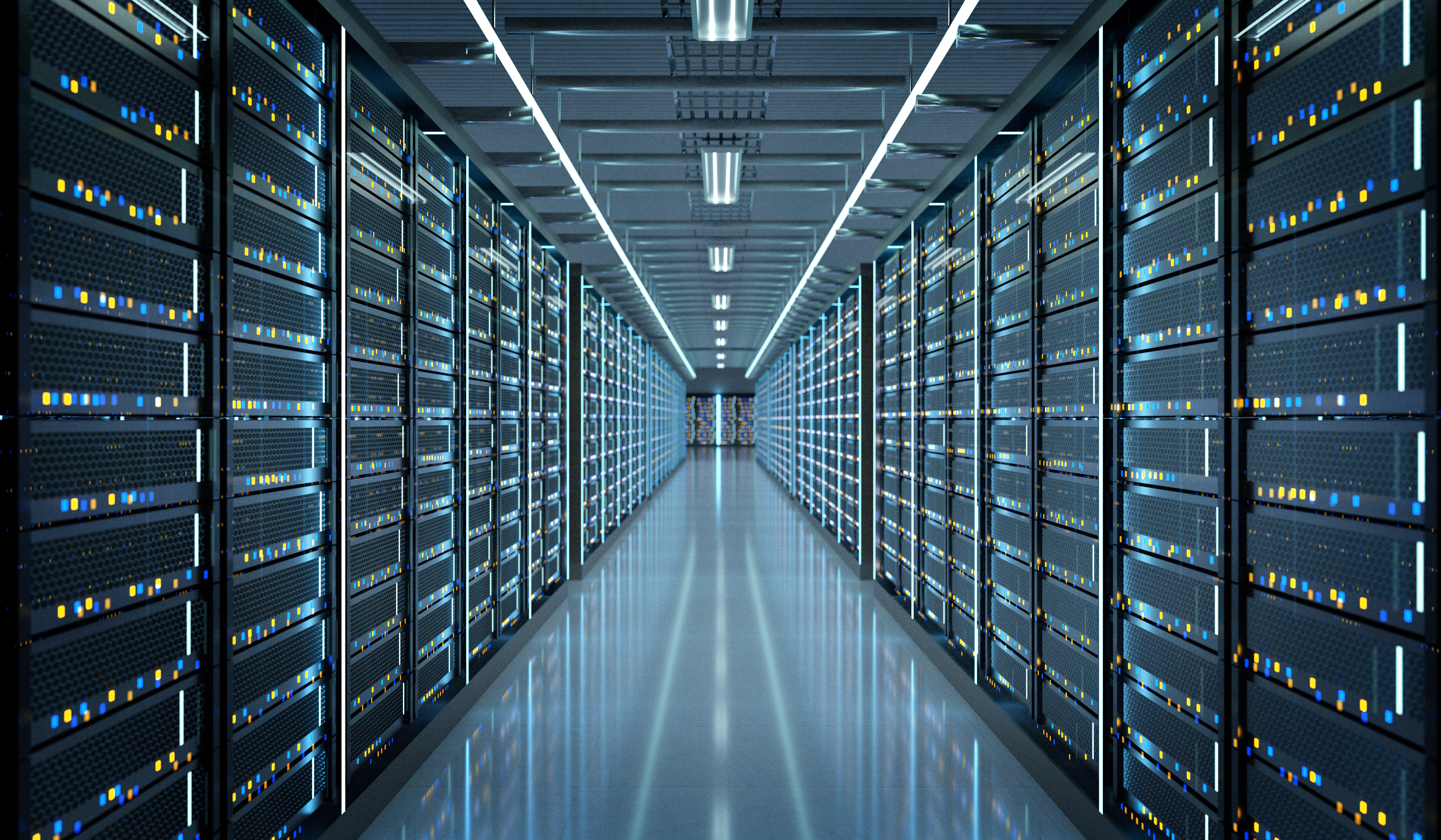 Server room data center rendered in blue light