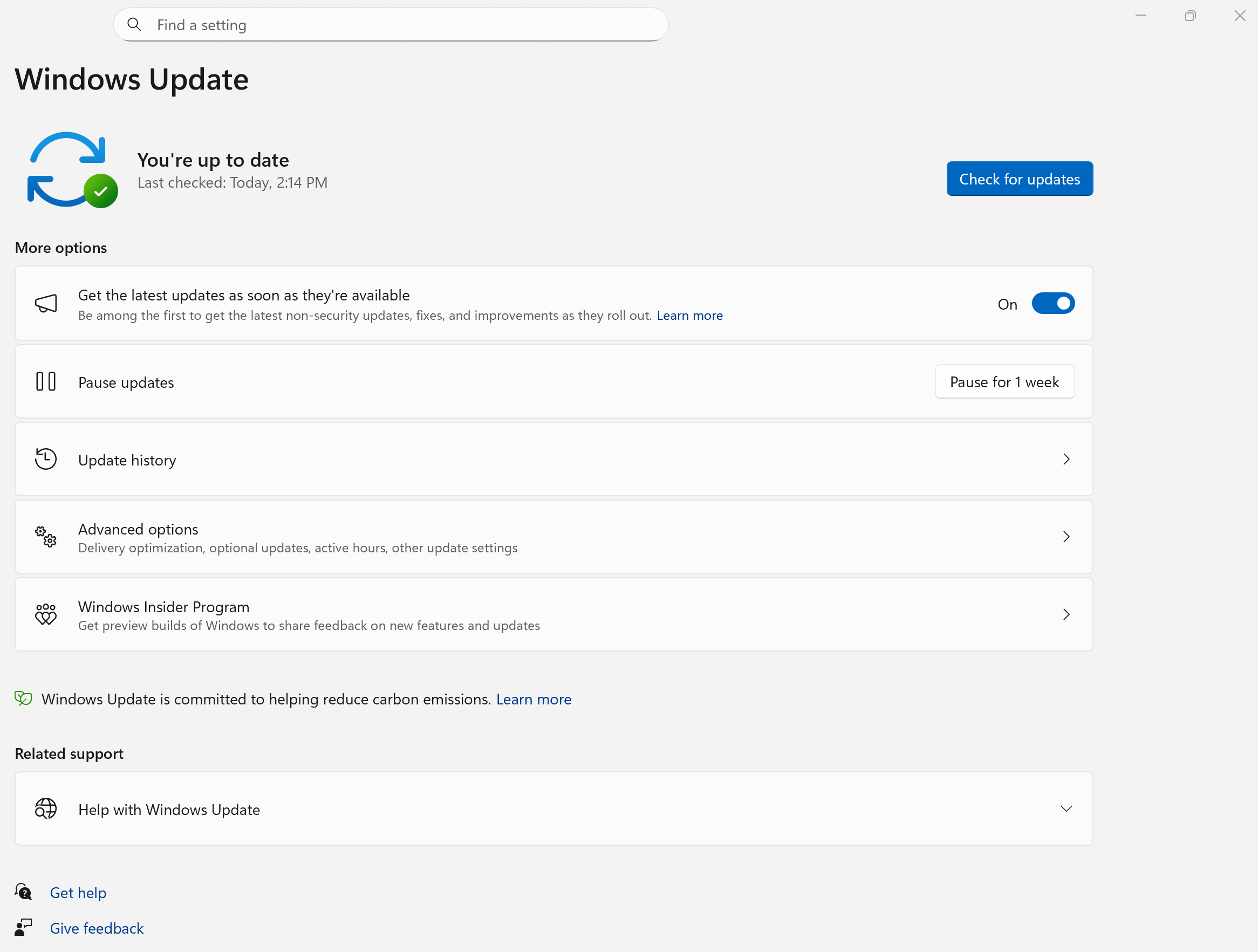 Windows Update settings showing current update status