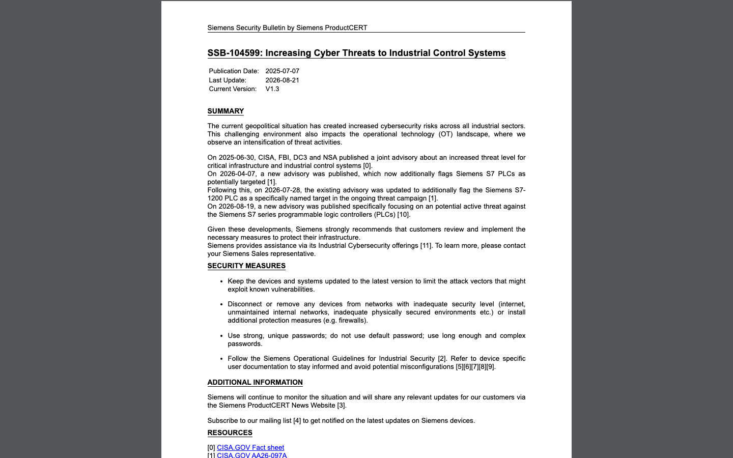 Siemens industrial-control security bulletin