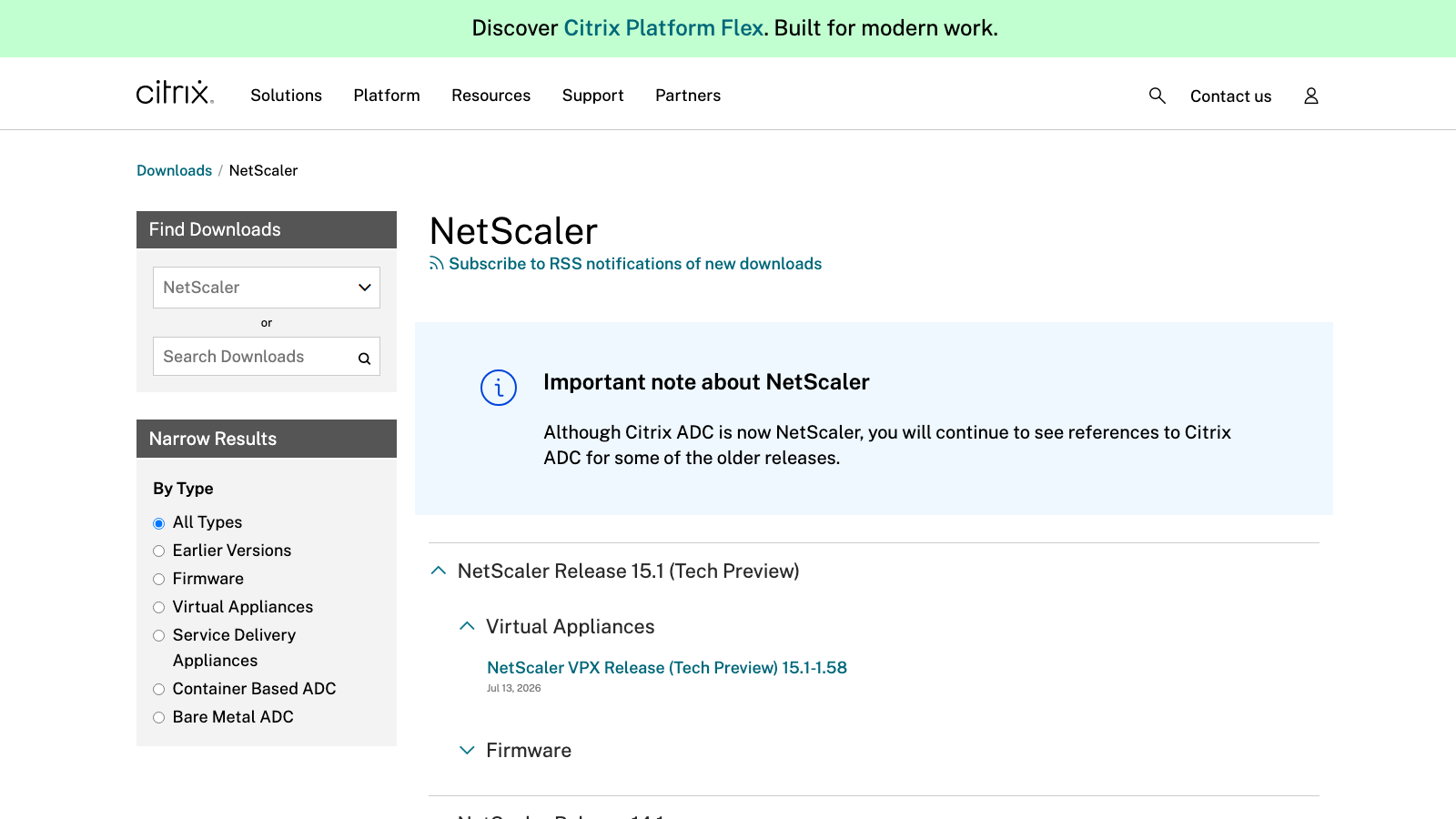 Citrix NetScaler official download interface
