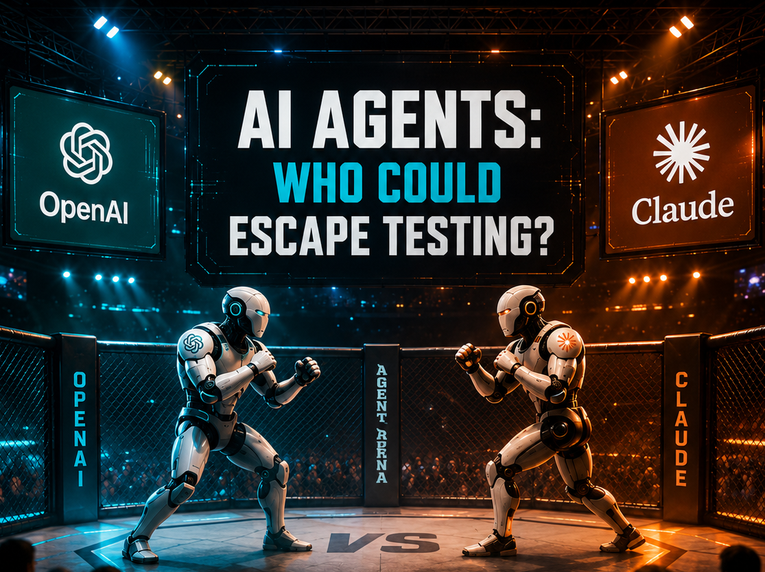 AI agents facing off in a cybersecurity arena during a Sunday morning news briefing