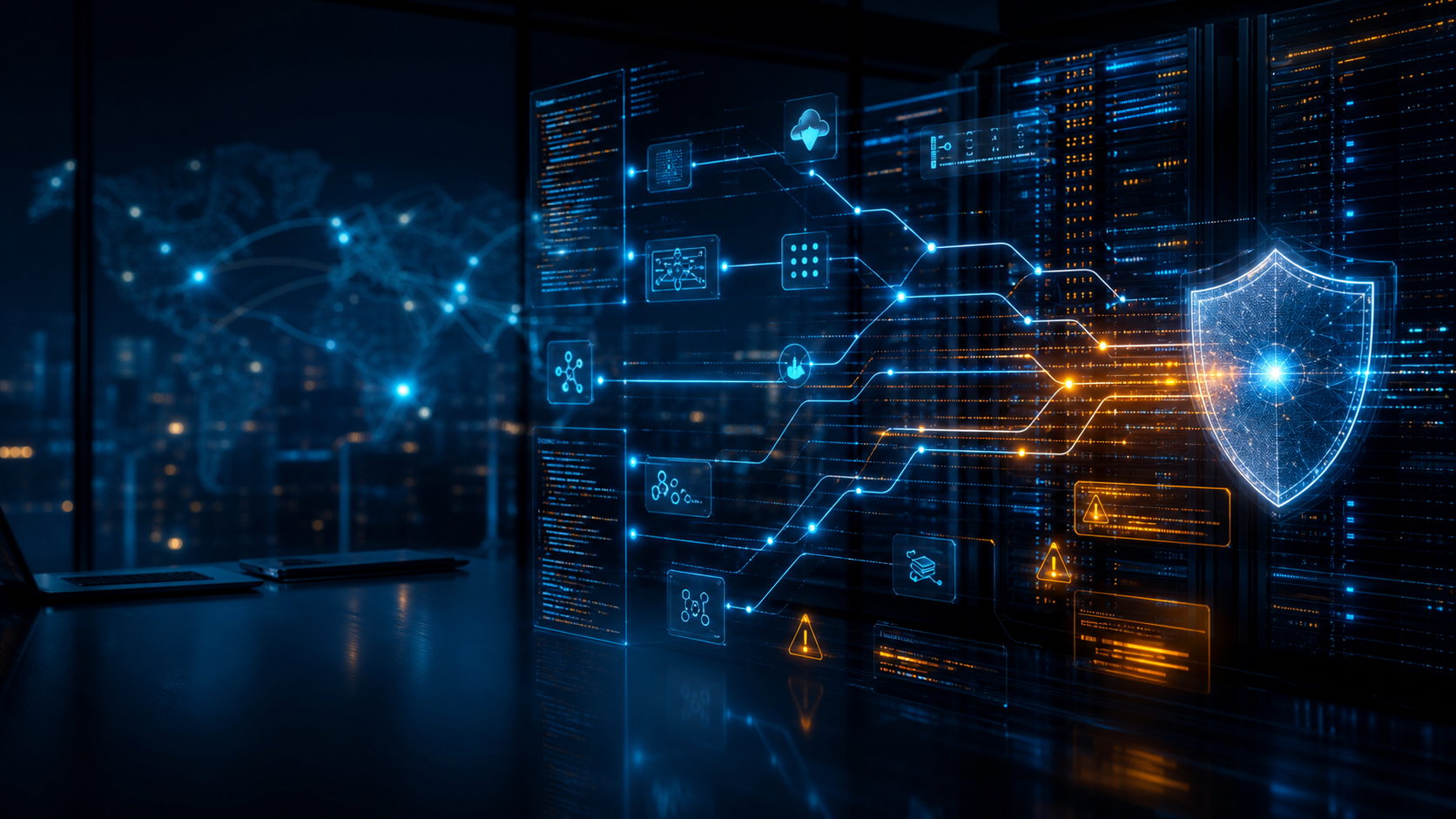 AI agent workflows moving through code repositories and cloud infrastructure toward a cyber defense boundary